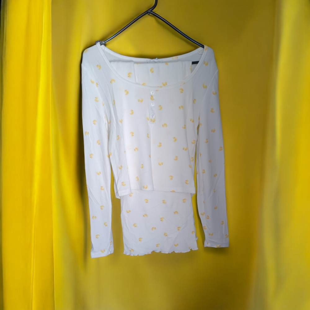 Pink Rose White Pajama Top with Yellow Accents